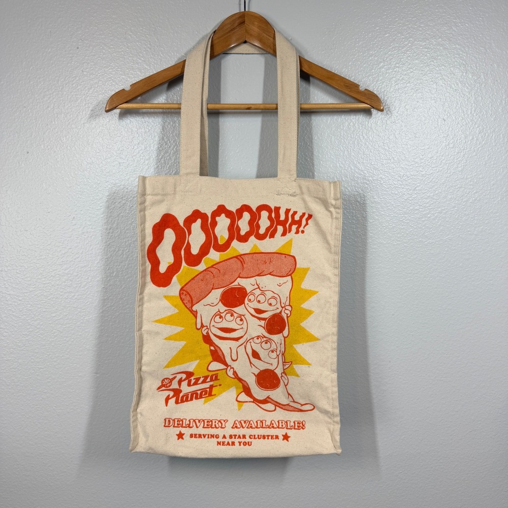 Disney Pizza Planet Tote Bag Beige Toy Story Alien Canvas Graphic 17"x13"